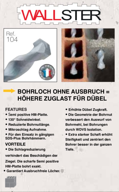 DIAGER Spezialbohrer SDS-Plus für WDVS- oder sonstige Befestigungsystemen in Ziegeln von LUMA Handels KG. Saubere Löcher ohne Ausbruch oder Risse für besseren Halt von Dübeln. Ideal Passend für alle herkömmlichen Bohrhämmern von Bosch, Hilti, Metabo, Makita, Milwaukee, Dewalt, Spit, Duss.